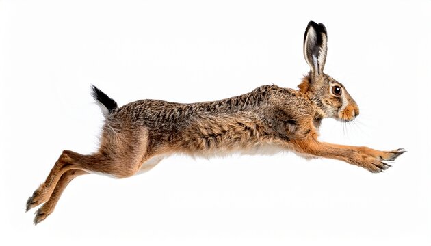 profile of a european hare jumping in mid air isolated on white background