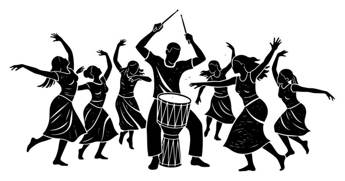 People dancing around ethnic drummer silhouette tribal dance celebration with djembe and percussion music