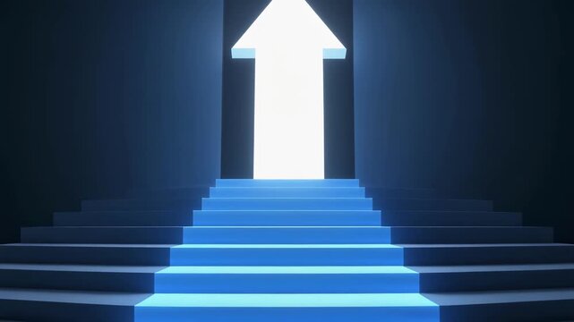Glowing arrow ascends luminous stairs towards bright portal in dark architectural space