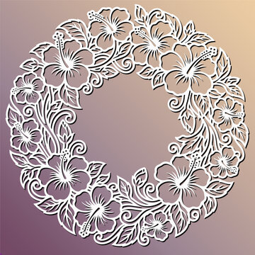 Floral round frame with hibiscus flower for laser cut or wood carving coaster. Decorative mandala ornament. CNC pattern stencil. Vector illustration for craft cut project