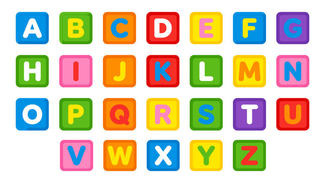 Colorful alphabet letters on toy building blocks. Bright educational ABC set for kids learning and play.