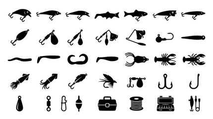 Fishing Lure Icon Set with Artificial Bait Black Silhouette Vector Collection © Mst