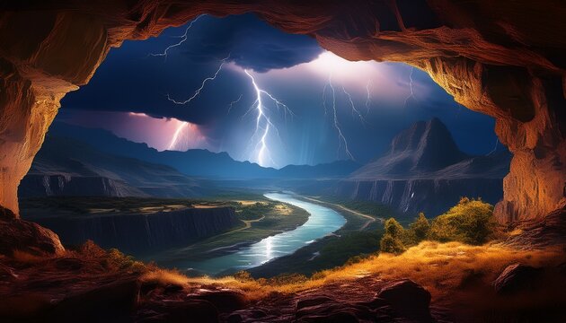 a dramatic landscape scene with a cave framing a lightning storm over a canyon with mountains river and stormy skies