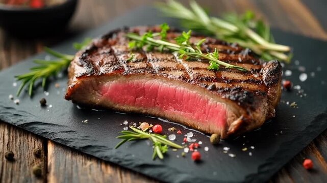 Juicy grilled steak with rosemary and peppercorns on slate during close-up cinematic motion