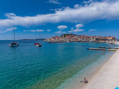 Aerial drone panorama of Primo&scaron;ten Old Town and Adriatic Coast, Croatia
