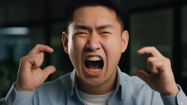 Man expressing extreme frustration and distress with hands over ears during a dark evening setting