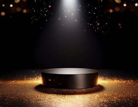 black round podium product stage on black background of golden glitter and a spotlight