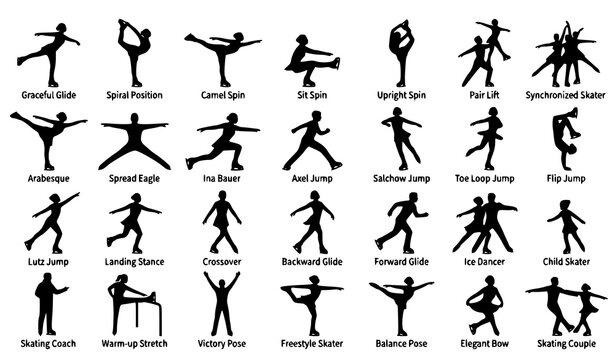 Minimal black figure skating vector silhouette set featuring ice dancers jumps spins and winter sports poses isolated on white background