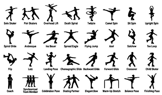 Modern figure skating silhouette collection with ice dancers athletic jumps spins and graceful winter sport poses isolated on white background