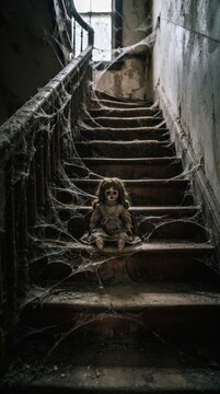 Halloween A creepy doll sits on a dusty, cobweb-draped staircase in an abandoned house, evoking a sense of unease and forgotten memories.