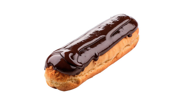 Delicious sweet baked eclair pastry glazed with milk chocolate confectionery dessert isolated on transparent background