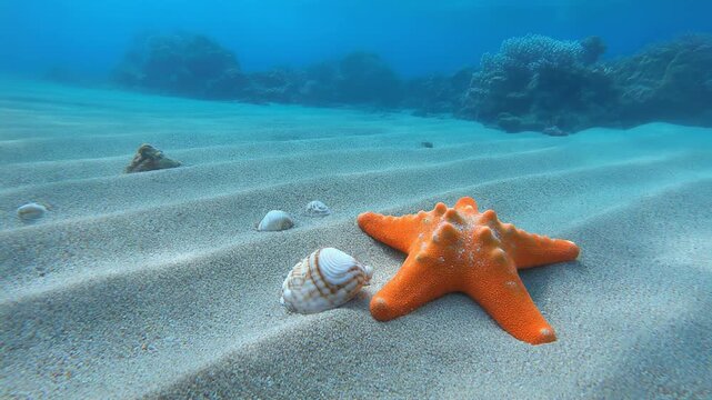 Orange starfish resting on sandy seabed with coral reef underwater during bright daylight cinematic motion