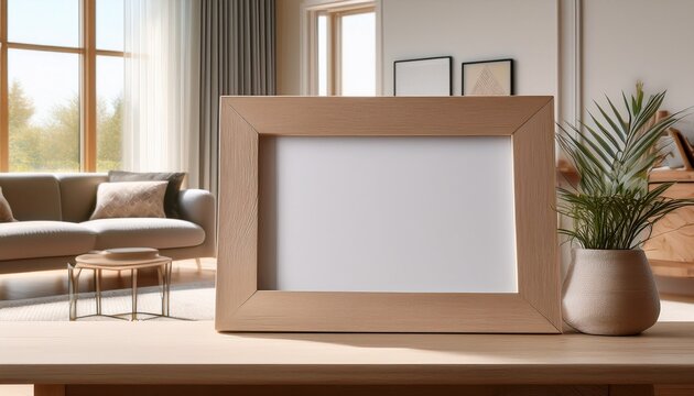 wooden photo frame mockup on table in cozy living room