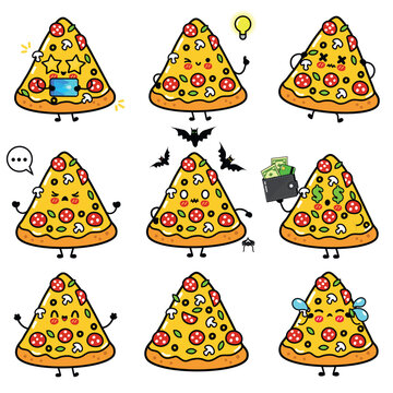 Set of cute pizza slice characters