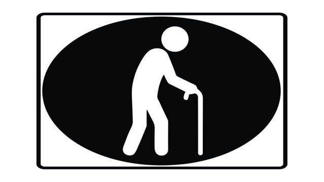 Elderly people priority sign icon, vector illustration of old person with walking stick inside a black oval and rectangular frame.