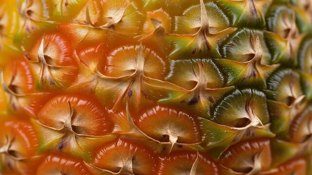 Close-up view of the intricate, textured skin of a ripe pineapple, showcasing its vibrant yellow, orange, and green patterns.