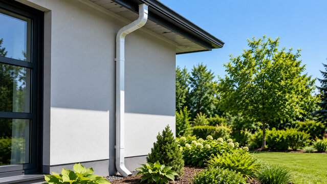 A modern house exterior with a rain gutter system, surrounded by a well-maintained garden and lush green lawn under a clear blue sky.