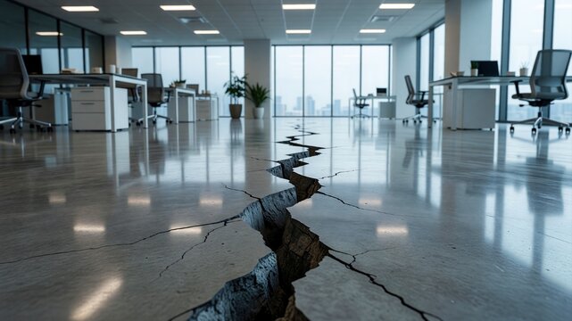 A deep, jagged fissure splits the polished concrete floor of a modern, empty professional office space.