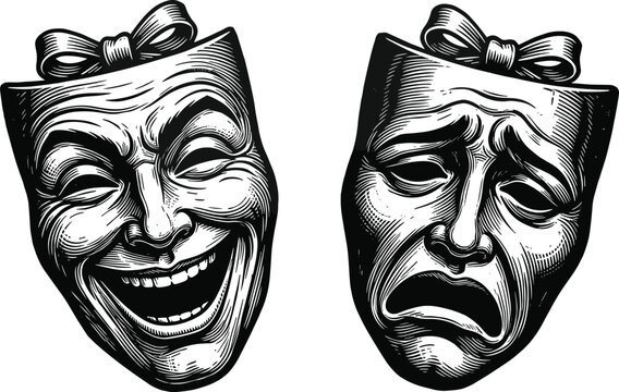 Vintage engraved comedy and tragedy theater masks vector illustration in classic woodcut style isolated on white background