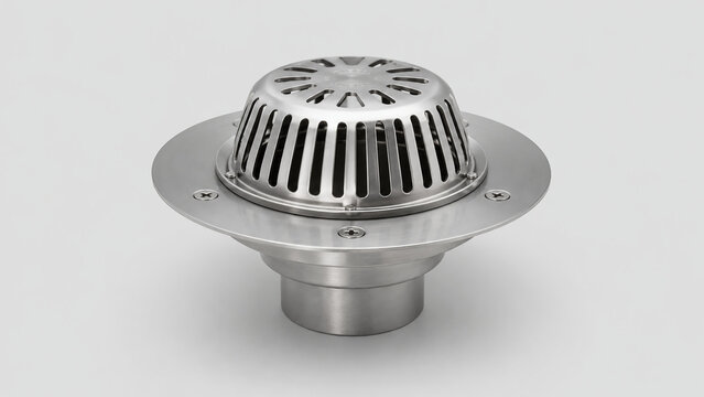 A stainless steel roof drain with a protective strainer and flange, designed to channel water efficiently while preventing debris from entering the drainage system.