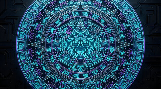 Aztec calendar, Mayan wheel, blue purple ancient symbol, mystical illustration, decorative art
