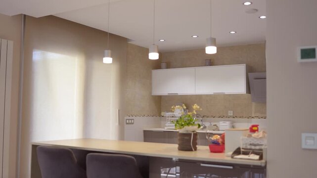 Modern kitchen interior with peninsula and minimalist lighting design