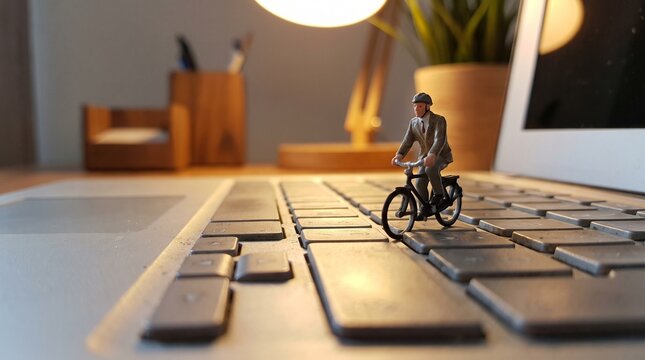 A miniature businessman in a suit cycles on a laptop keyboard, suggesting a blend of work and technology in a creative scene.