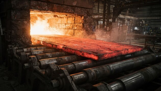 Dynamic medium frame capturing the glowing furnace exit where slabs are fed onto conveyor rollers highlighting industrial heat processing and metalwork machinery.