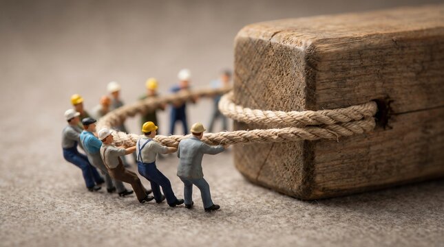 A team of miniature workers struggles to pull a massive wooden block with a rope, illustrating the concept of heavy labor and collective effort