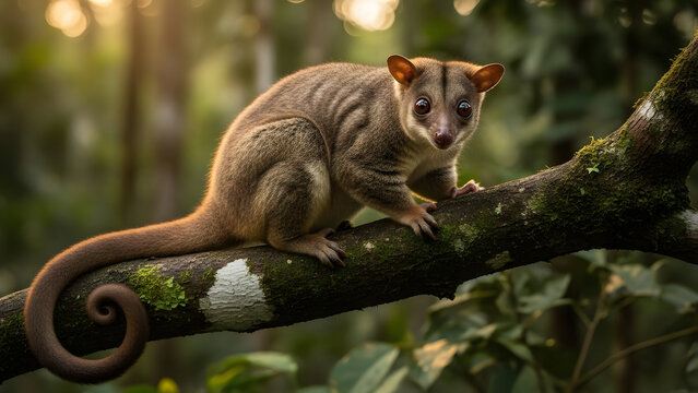 Common ringtail possum perched on a tree branch in its natural rainforest habitat