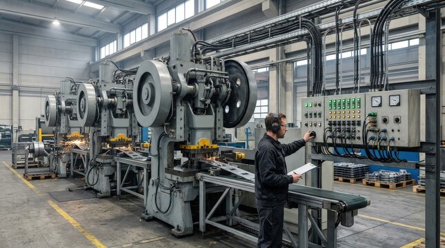 Medium shot showing a multiline stamping press setup with a centralized network monitoring system tracking runtime and performance data across machines.