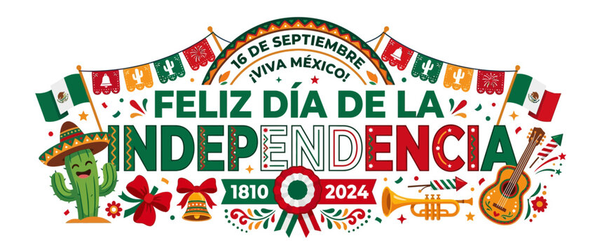 Happy Mexican Independence Day Fiesta with Cactus, Guitar, Trumpet, and Flags