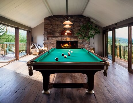 rustic style solid wood pool table spacious game room rock fireplace