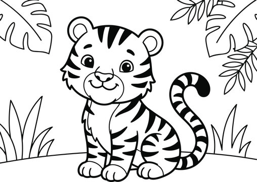 Cute tiger cub sitting in jungle with leaves