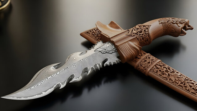 Traditional ornate kris dagger with carved wooden hilt and sheath on dark background