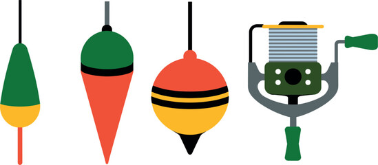 Fishing bobber floats and spinning reel flat vector set, tackle angling equipment icons collection © Mim