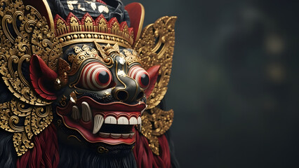 Obraz premium Intricate Balinese Barong Mask with Fierce Expression and Traditional Gold Ornamentation
