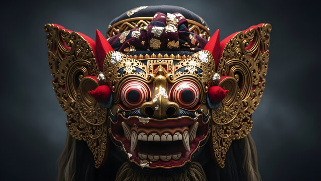 Traditional Ornate Balinese Barong Mask with Detailed Gold Filigree and Fierce Expressions for Cultural Art