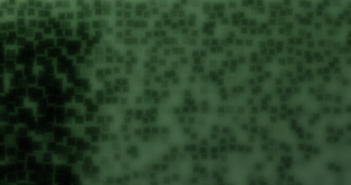 Minimalist abstract background featuring muted green pixelated/scattered cube patterns transitioning with dense black noise and digital grain aesthetics