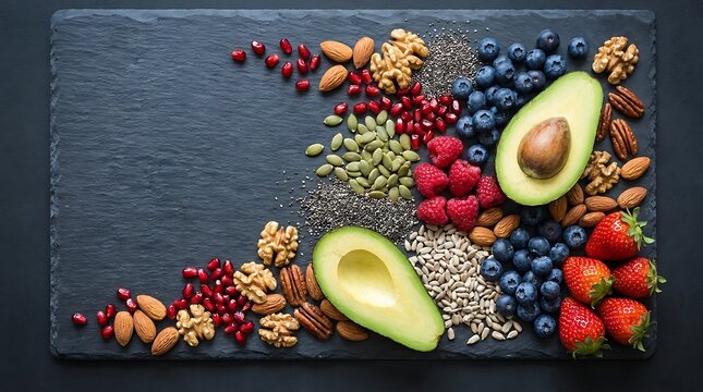 A flatlay of healthy superfood ingredients arranged on a dark slate stone background.