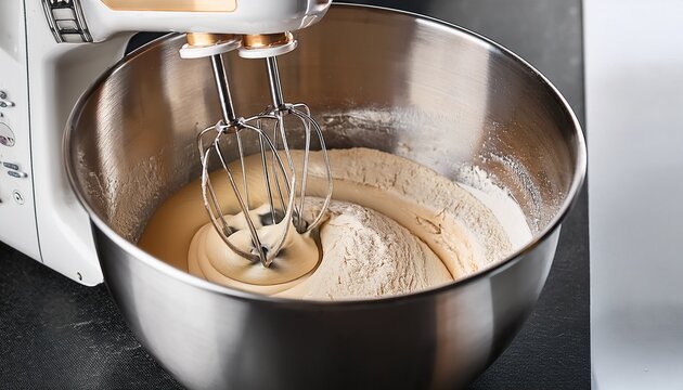 dough mixture in stainless steel bowl being prepared with a stand mixer showing flour and wet ingredients blending together for baking