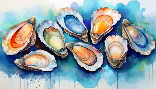 five beautifully illustrated oysters on a vibrant blue watercolor background showcasing intricate details of shells and inner textures in an artistic composition