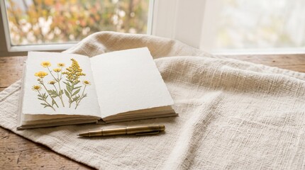 Fototapeta premium Open journal with pressed yellow wildflowers and a brass pen on a linen cloth by a window