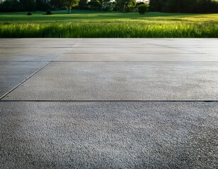 Fototapeta premium smooth gray concrete surface with visible joints and a grassy area in the background
