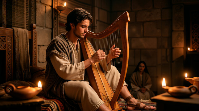 A young man with dark hair, dressed in historical, textured robes and sandals, sits in a dimly lit stone chamber playing a wooden harp. The scene is illuminated by the warm, flickering glow of oil lam