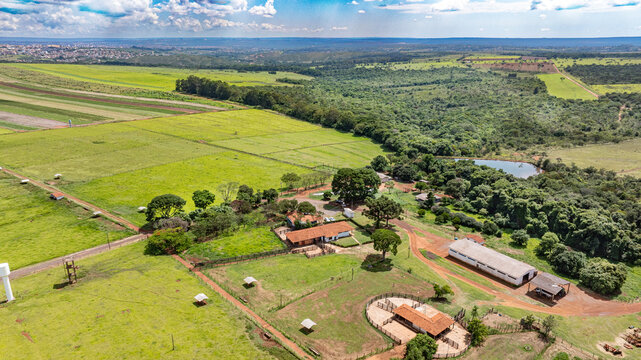Aerial view of the Sucupira Experimental Farm, where agronomic research is conducted without the use of pesticides on fields planted with enriched cereal and vegetable seeds.. Riacho Fundo II, BR 2025