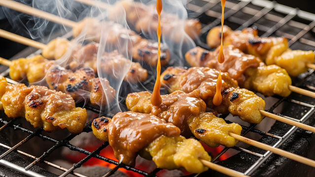 Chicken satay skewers grilling on charcoal BBQ with peanut sauce drizzled over meat