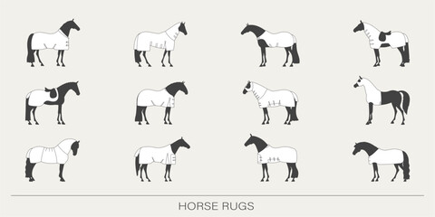 Collection of stylized horses wearing different rugs and blankets in a monochrome equestrian illustration © irinamaksimova