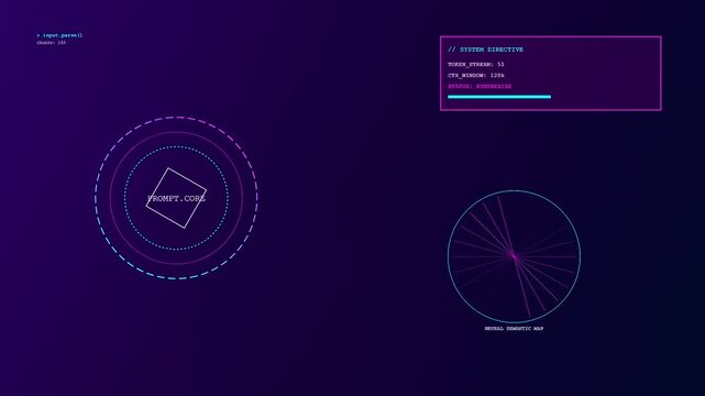 A digital prompt engineering interface displaying loading status indicators and abstract geometric circles that pulse rhythmically across a dark purple gradient surface for modern software systems