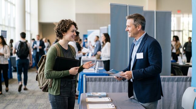 Young woman with backpack and folder talks to recruiter at career fair event